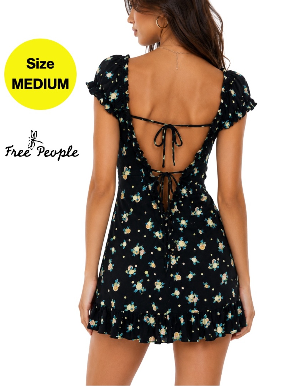 2/for $20 🪩 FREE PEOPLE Black Floral Dress, Open Back w ties (Women’s Medium)